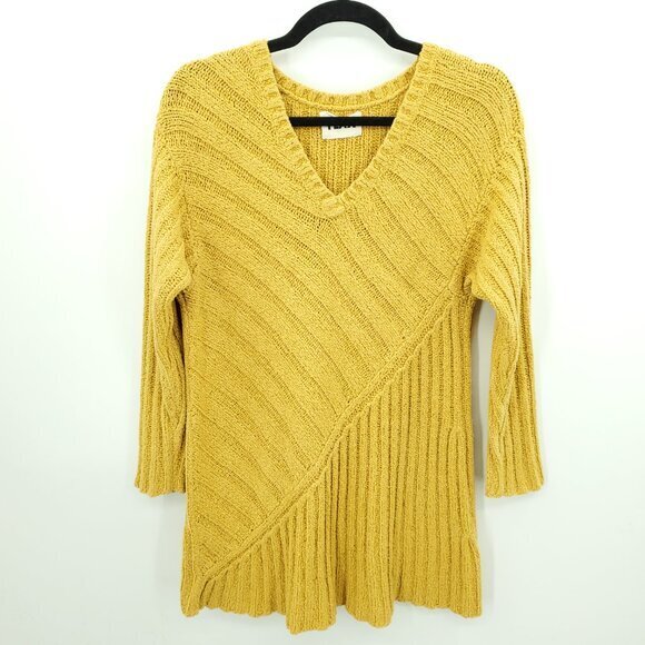 Flax Tunic-Length V-Neck Sweater S/M Yellow/Gold - Picture 1 of 14